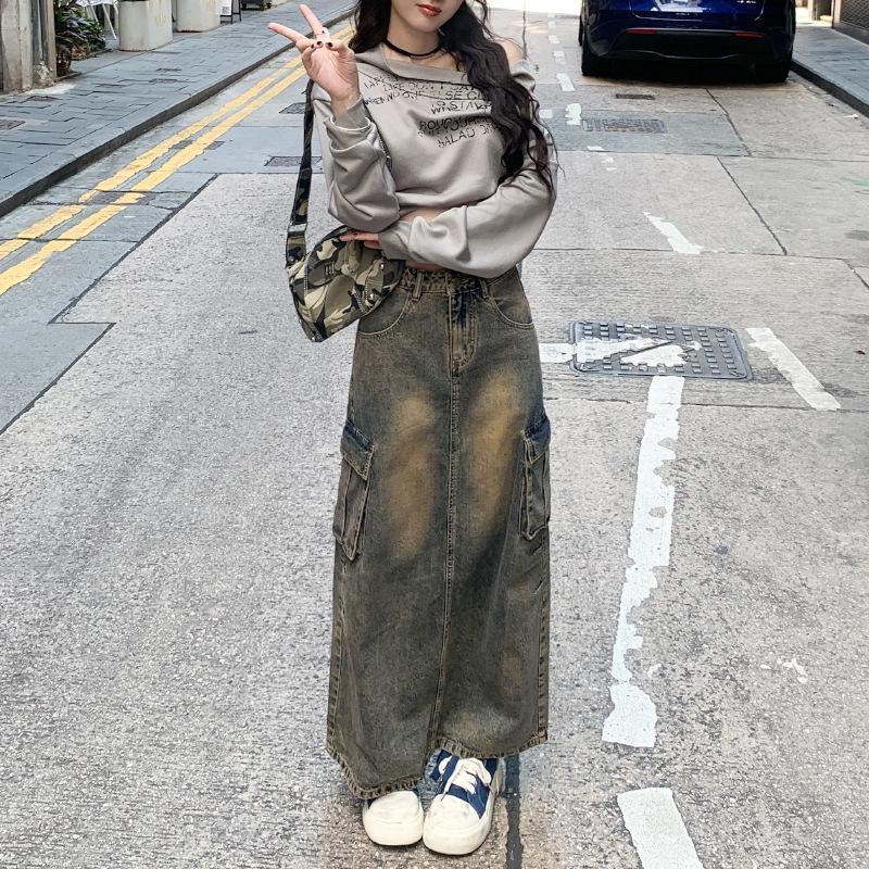 

Весенняя Ретро Джинсовая Юбка А-силуэта с Множеством Карманов - Женская с Завышенной Талией, Средней Длины, в Стиле Рабочей Одежды 2XL