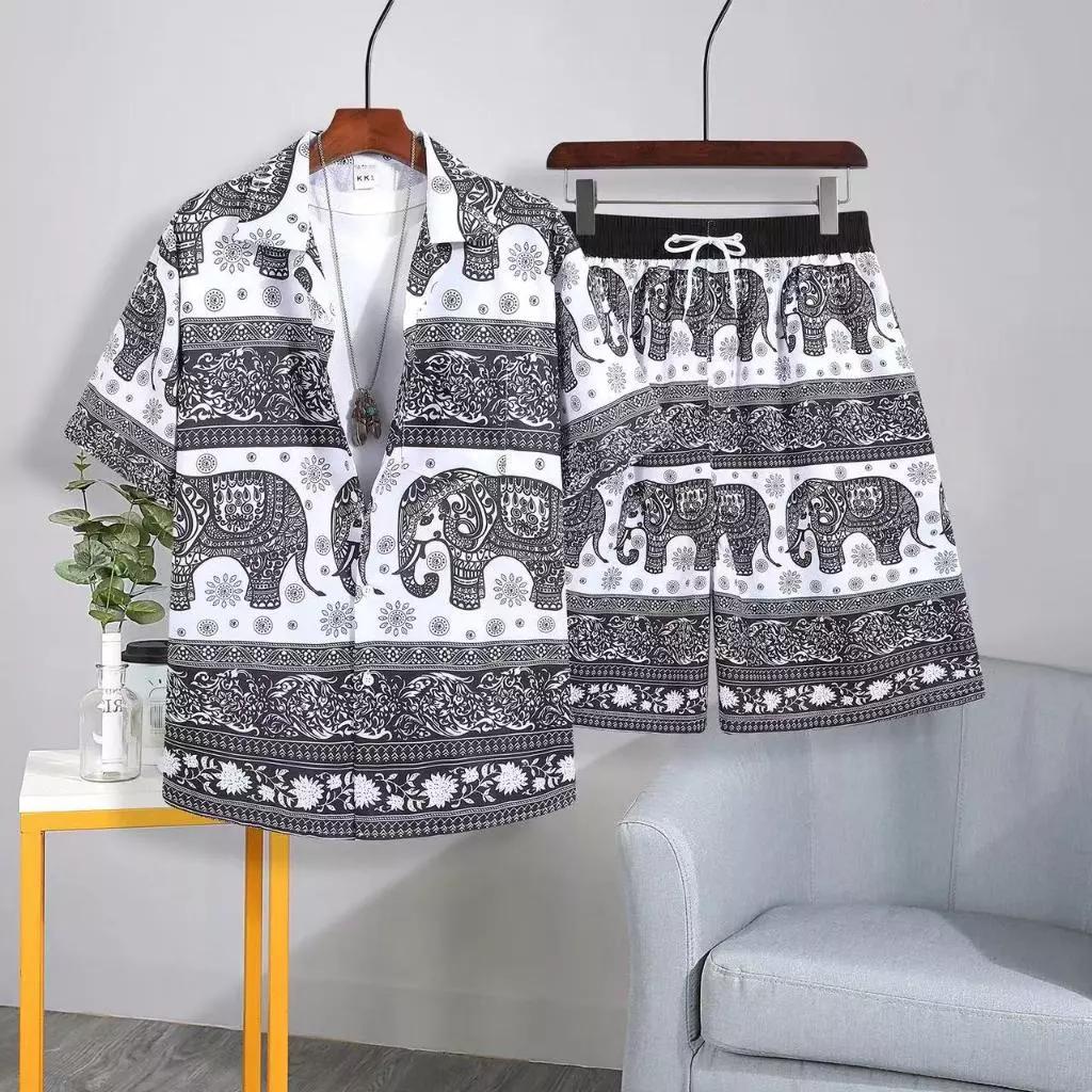 Elephant Pants Shorts Shirt Set V-neck Adjustable Elastic Waist Strap Women Men Unisex Print Thailand Casual Beach Summer Bohemian Retro Vintage