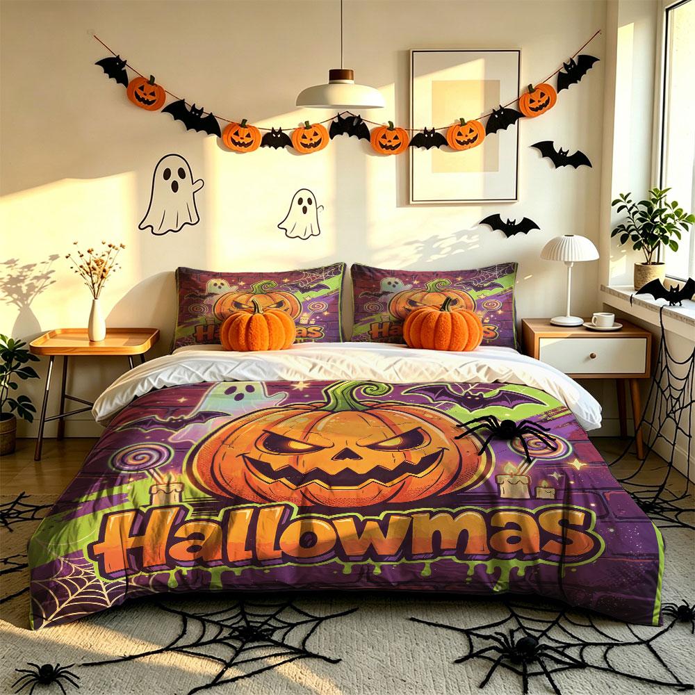 Halloweenmas Pumpkin Ghost Brick Wall 3Pcs Duvet Cover Set Spooky Witchy Holiday Bedding Set Decor
