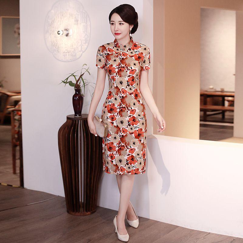 Summer Short-sleeved Cheongsam Chinese Style Dress Medium-length Large-size Dress