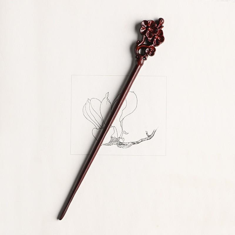 Red Sandalwood Women's Retro Hanfu Hairpins: Hollow Carved Moon Rabbit Wooden Ornaments
