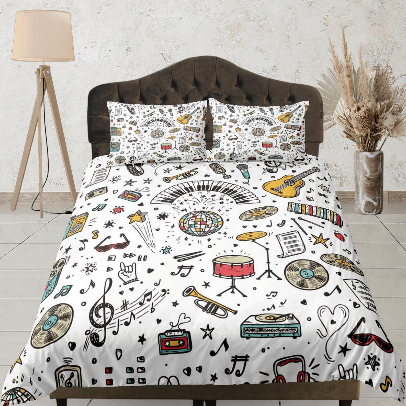 

Musical Themed White Bedding Set, Duvet Cover Set, Aesthetic Quilt Cover, Dorm Bedding Set with Music Instruments, Custom Size Bedspread 135x200cm