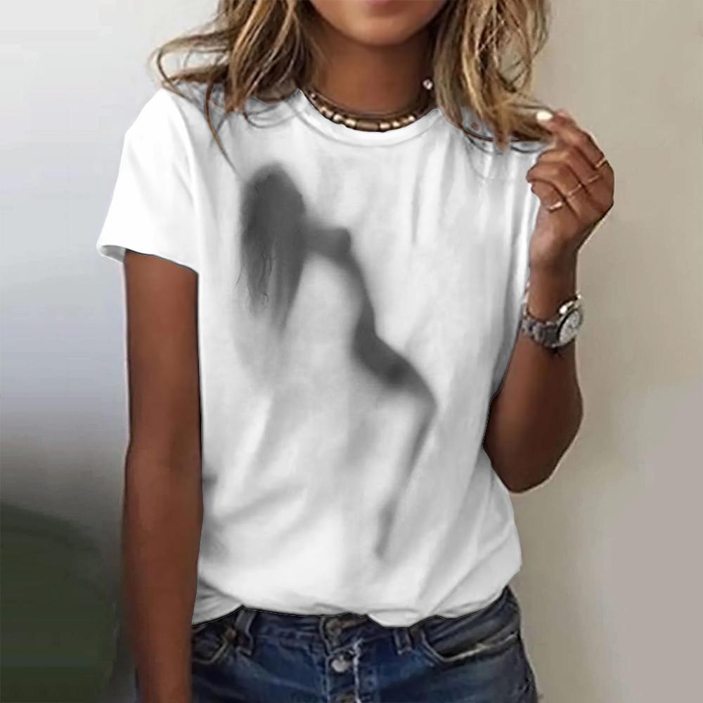 Women's T-Shirts Top Short Pullover Sleeved Art Shadow Printing Fashion Leisure Style O-Neck Harajuku Tee Shirt Female Clothing