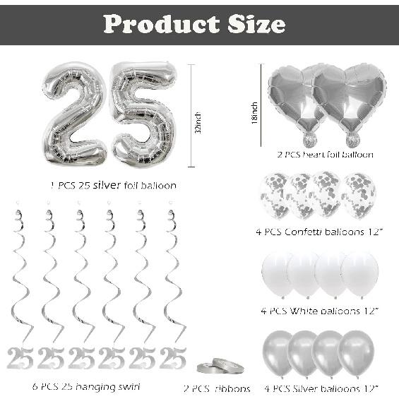 Concico 25th Anniversary Decorations Party Supplies Set of Happy Anniversary Photo Banner and Balloons,Hanging Swirls for 25 year Wedding