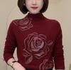 Autumn/Winter Rose Rhinestone Fleece Stand-Up Collar Long Sleeve Warm Top for Middle-Aged and Elderly Women