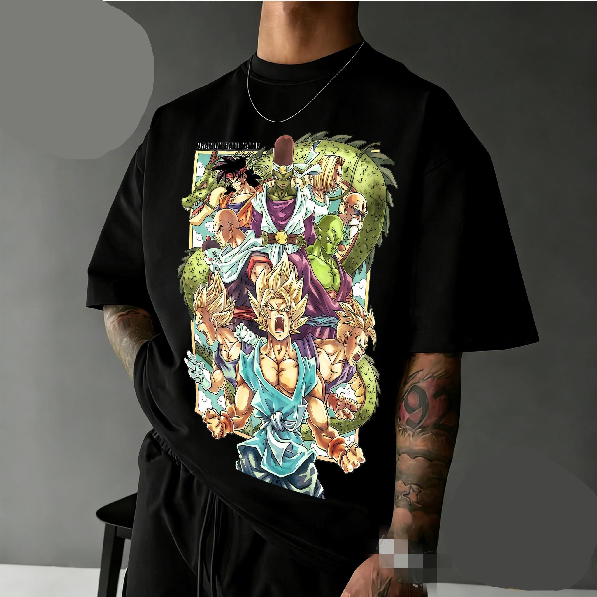 

New Arrival Dragon Ball Oversized Retro Anime T-shirt | Full Cast & Shenron Retro Graphic Print 100% Cotton Tee for Family S