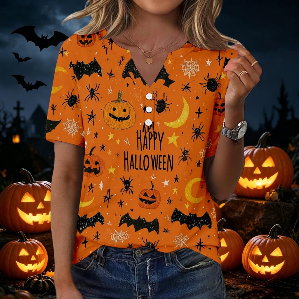 Women's Casual Halloween Print V Neck Button Front Three Quarter Sleeve T Shirt Top for Everyday Wear