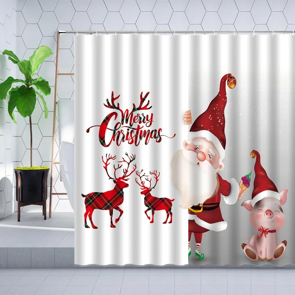 Merry Christmas Shower Curtain Santa Claus Elk Snow Scenery Tree Holiday Gift Red Decor Wall Cloth Bathroom Screen Curtains Sets