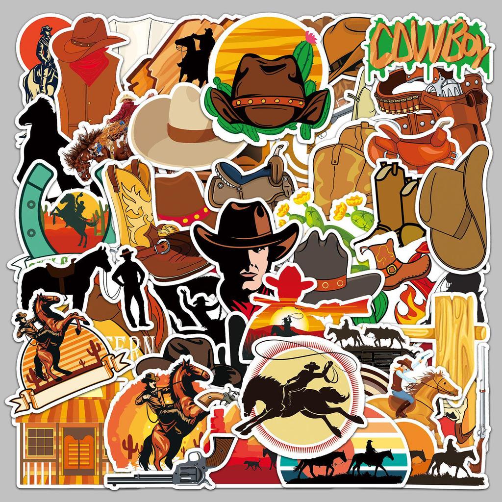 50 Western Cowboy Retro Cartoon Stickers - Waterproof, Removable, Ideal for Suitcases, Notebooks, Journals