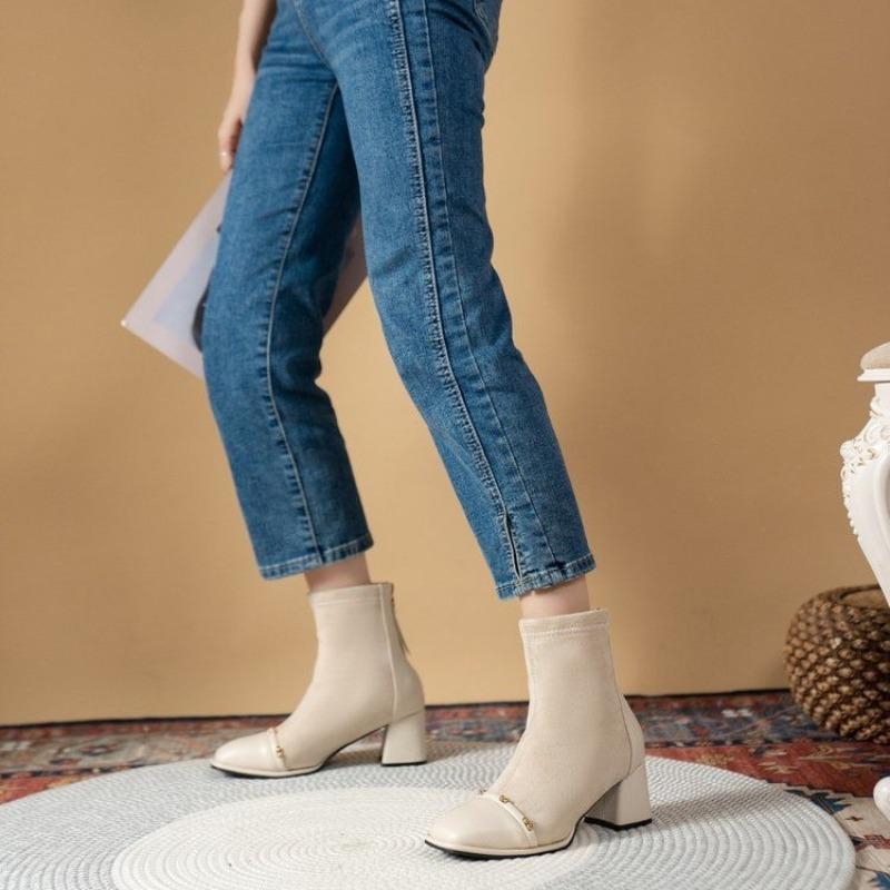 Paneled Suede Mid-heel Skinny Square-toe Booties New Winter New Rear Zipper Non-slip Wear-resistant Stretch Boots