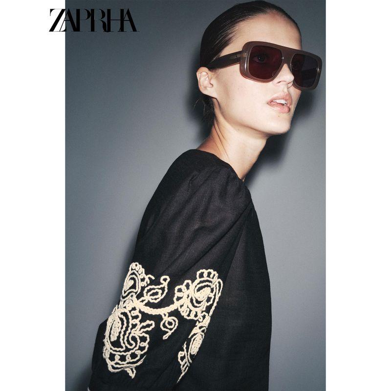 Zaprha 2025 Summer New Western Style Linen Blend round Neck Puffy Short sleeve Embroidery Top 2731105