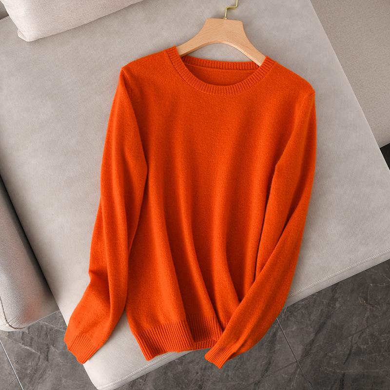 Dámský 100% vlněný pletený svetr s kulatým výstřihem a dlouhým rukávem – Jednobarevný pro podzim a zimu