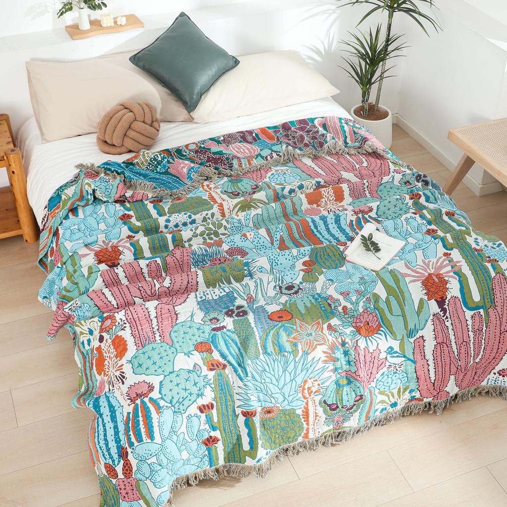 Scenic Floral Towel Blanket, For Sofa Bed, Bedspread, 4-Layer Gauze Cotton, High Quality, 200*230Cm