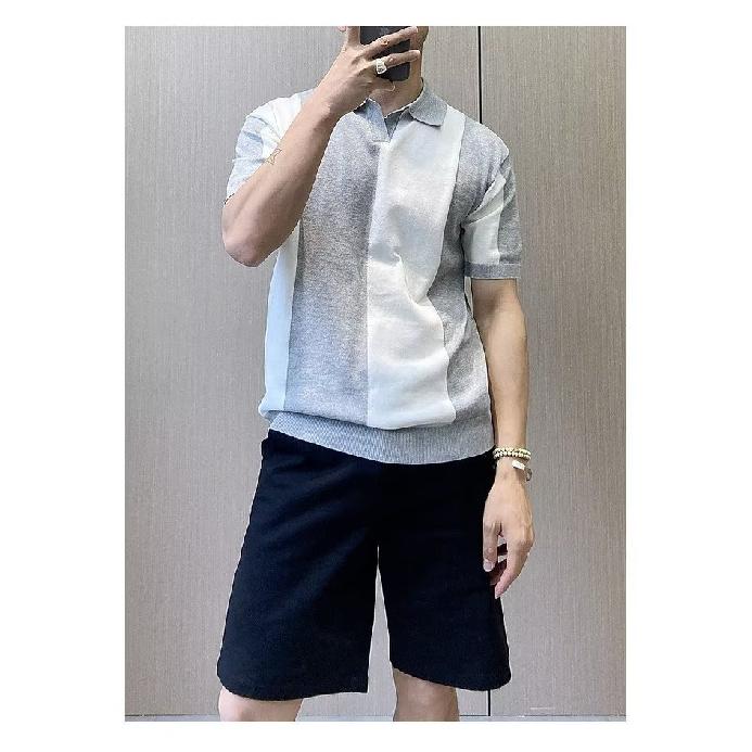 Ice Silk Short Sleeve T-Shirt for Men Korean Style Trendy New Summer Color-Block Personality Tee Slim Fit Knitted Round Neck Short T-Shirt for Men