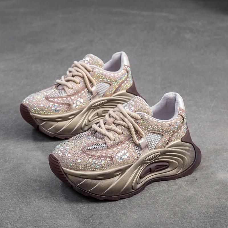 

Fujin 6 см Air Mesh коровья натуральная кожа свиная кожа массивные кроссовки женские удобные летние блестящие разноцветные ботильоны Fsahion обувь 40 шампанского