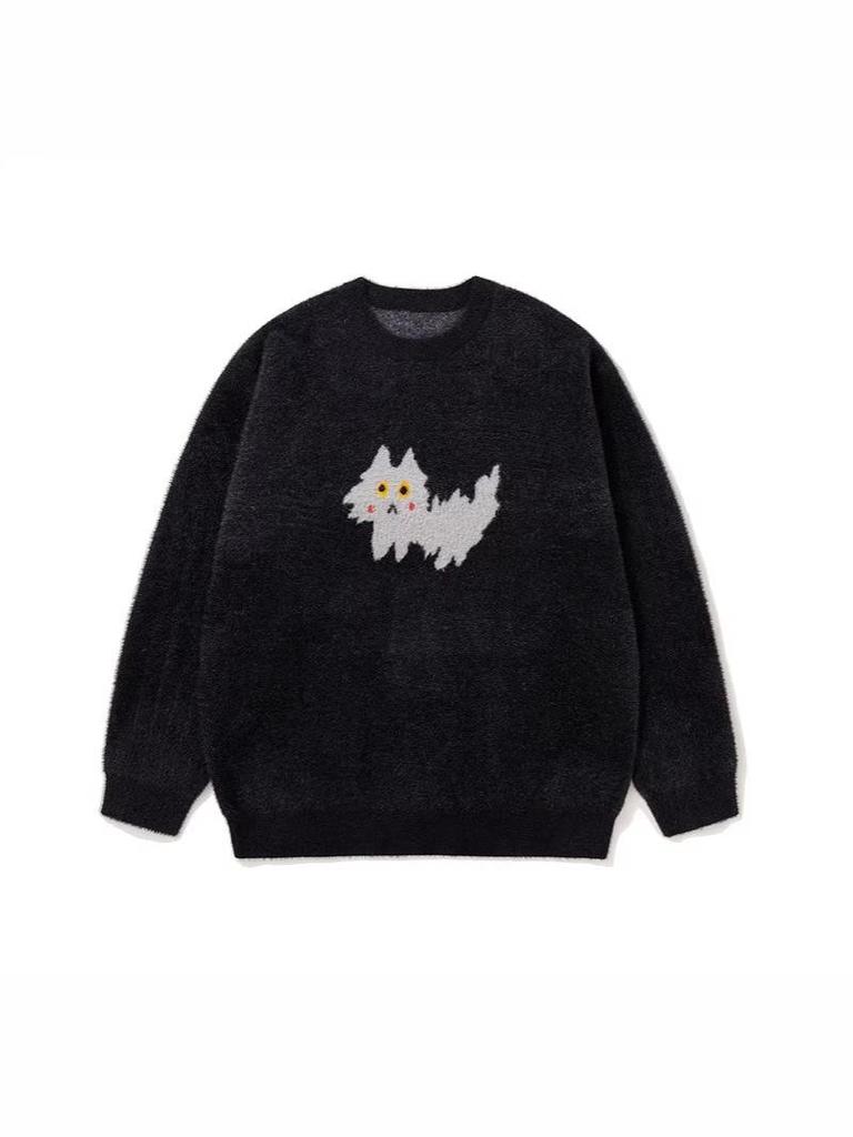 Trendy Unisex Cute Cat Pattern Soft Fluffy Knit Sweater - Warm Round Neck Long Sleeve for Couples