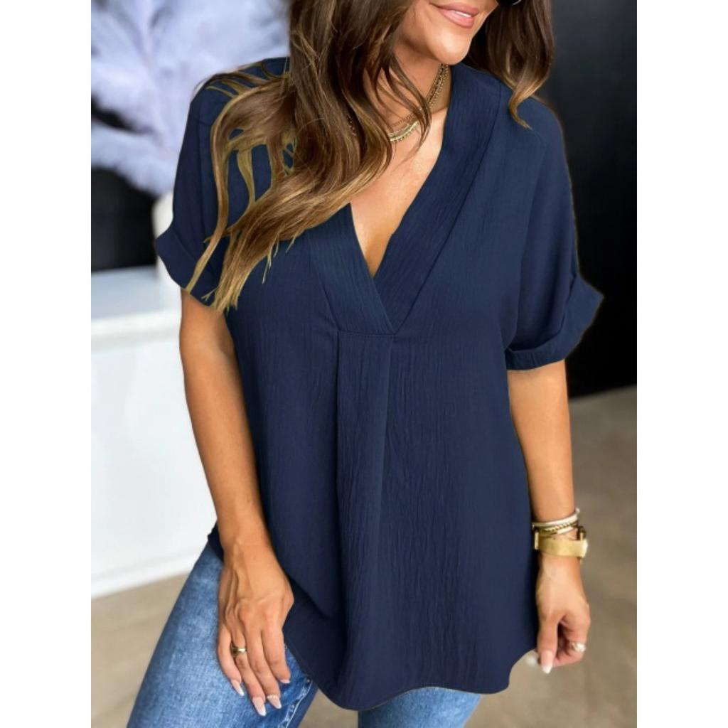 Women V Neck Short Sleeve Blouse Relaxed Fit Lightweight Summer Top Casual Loose Fit Shirt for Daily Wear Office and Travel