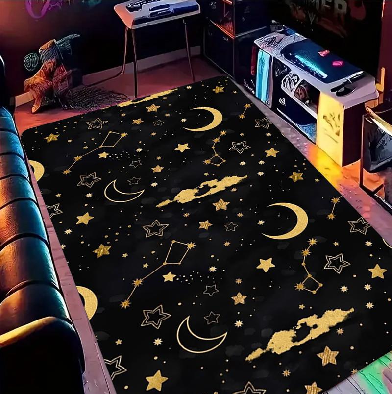 Luxury Black Gold Starry Sky Zodiac Pattern Area Rug Mystical Style Non-Slip Floor Mat for Living Rooms Bedrooms