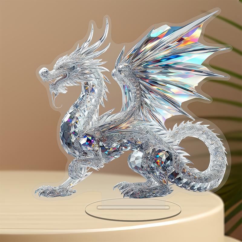 Acrylic White  Dragon Statue 2D Flat Cool Figurine Home Office Cafe Room Studio Display Case Table Ornament Decor Gift