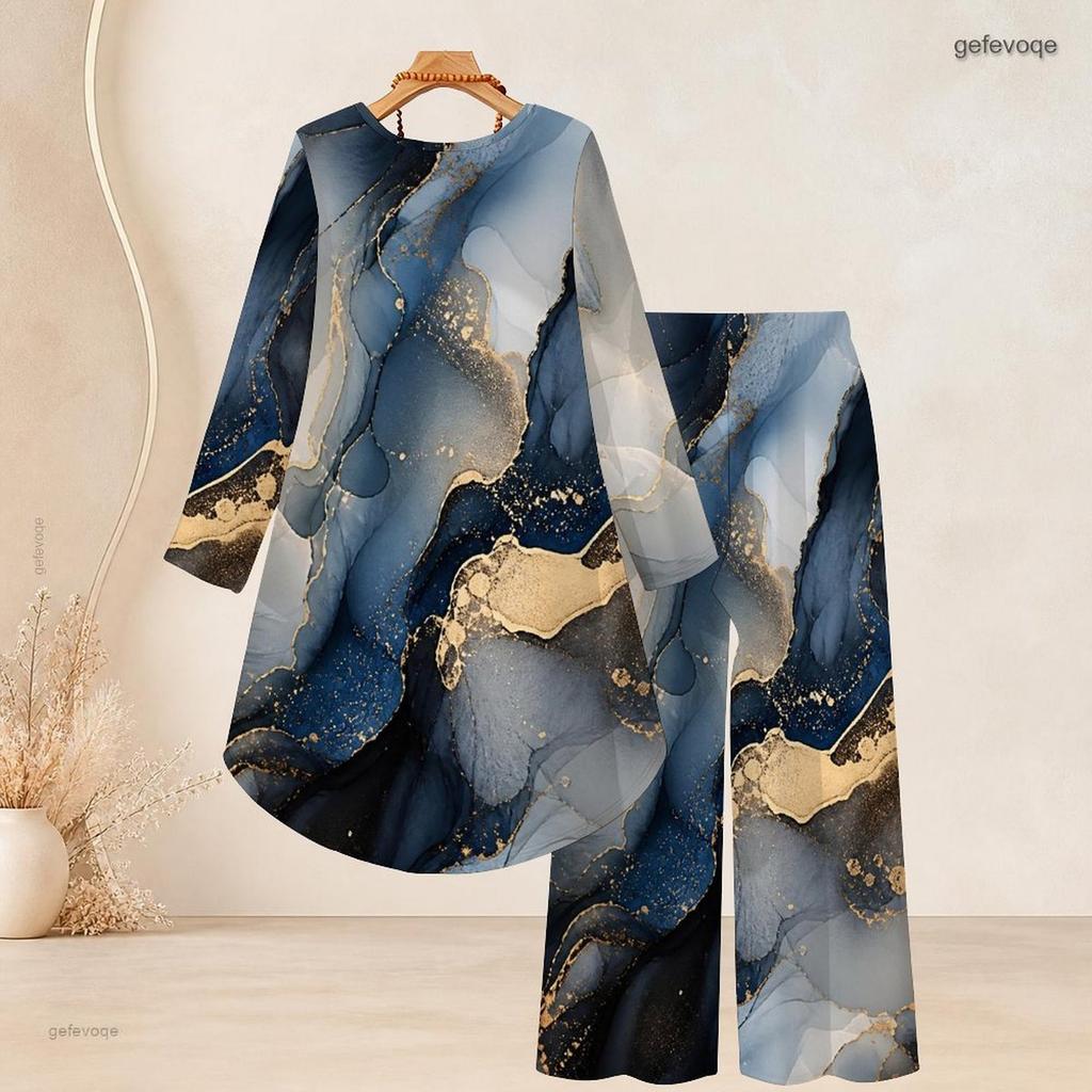 Women Plus Size Round Neck Long Sleeve Blue Gold Marble Printed High Low Top And Wide Leg Pants Two Piece Set