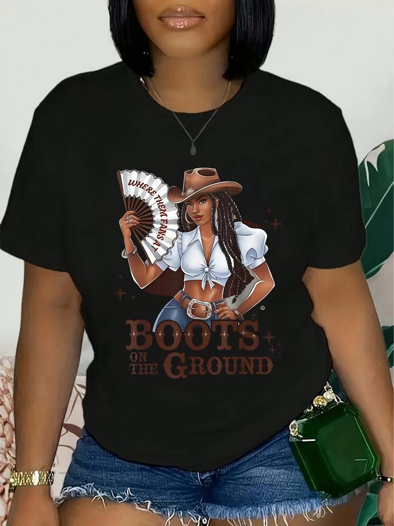 Cowgirl with Fan Graphic Western Boots On Ground T-shirt