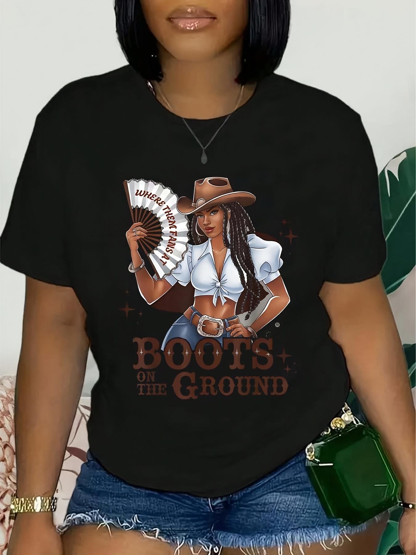 Cowgirl with Fan Graphic Western Boots On Ground T-shirt S