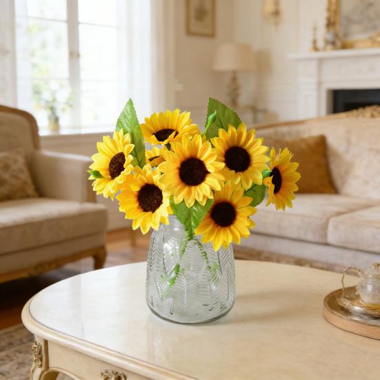 3 Heads Artificial Sunflower Bouquet Faux Silk Sunflower with Long Stem for Home Hotel DIY Craft Wedding Party Indoor Outdoor Decor