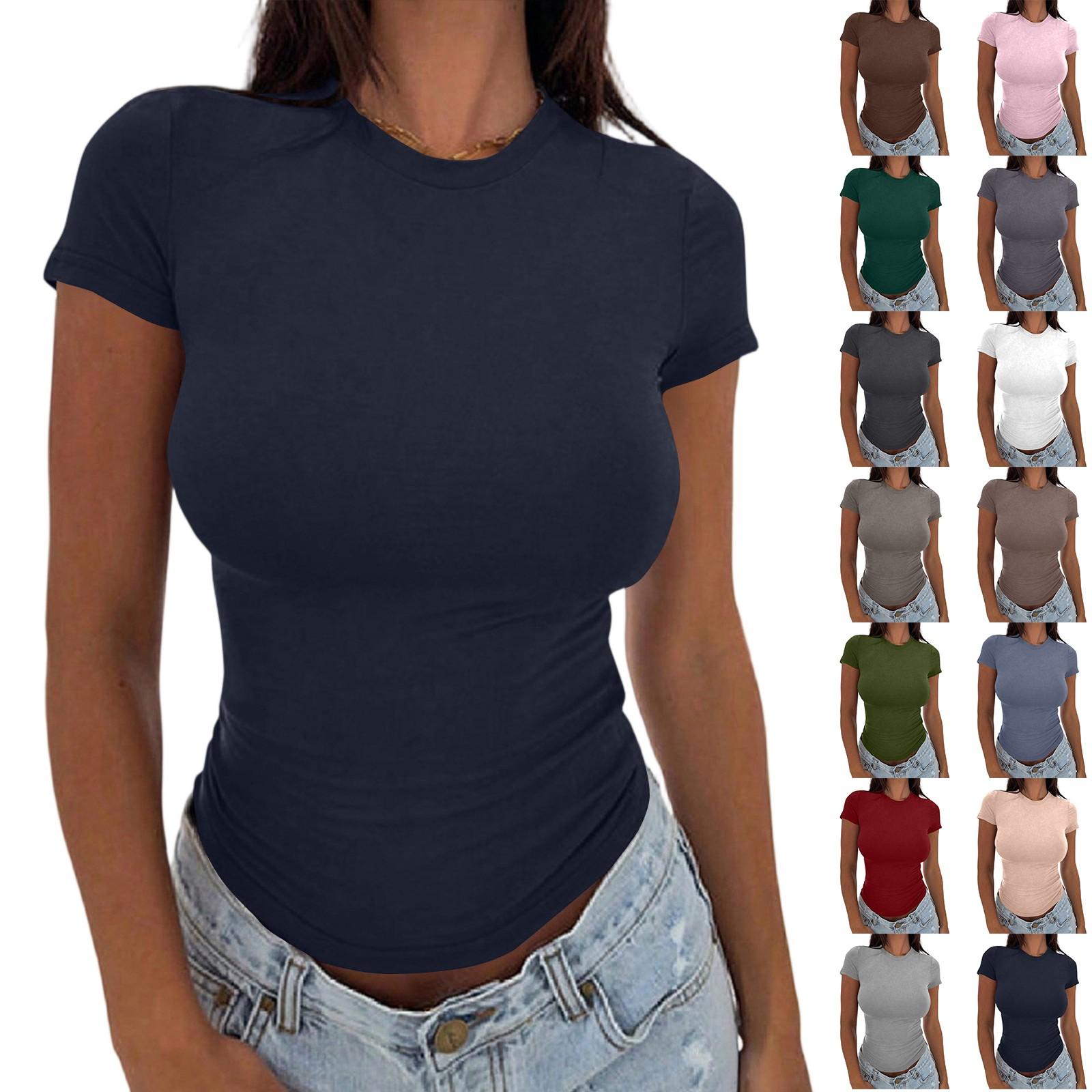 

Women s Fashion Casual Round Neck Solid Color Short Sleeve Top S рожевий