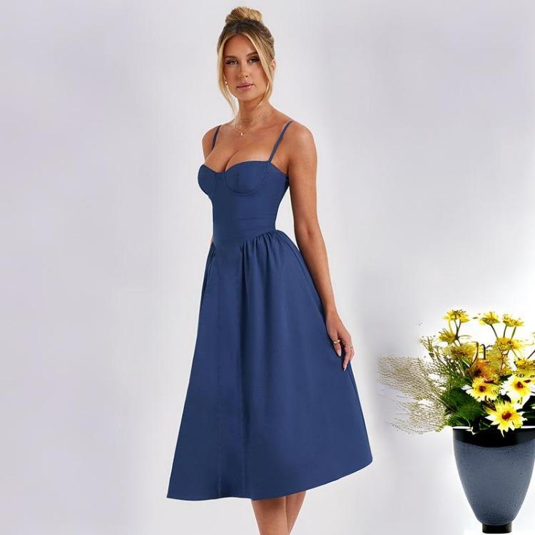 Women Print Dress High Waist Knee-Length Fashion Design Sense V-neck Backless Spaghetti Strap