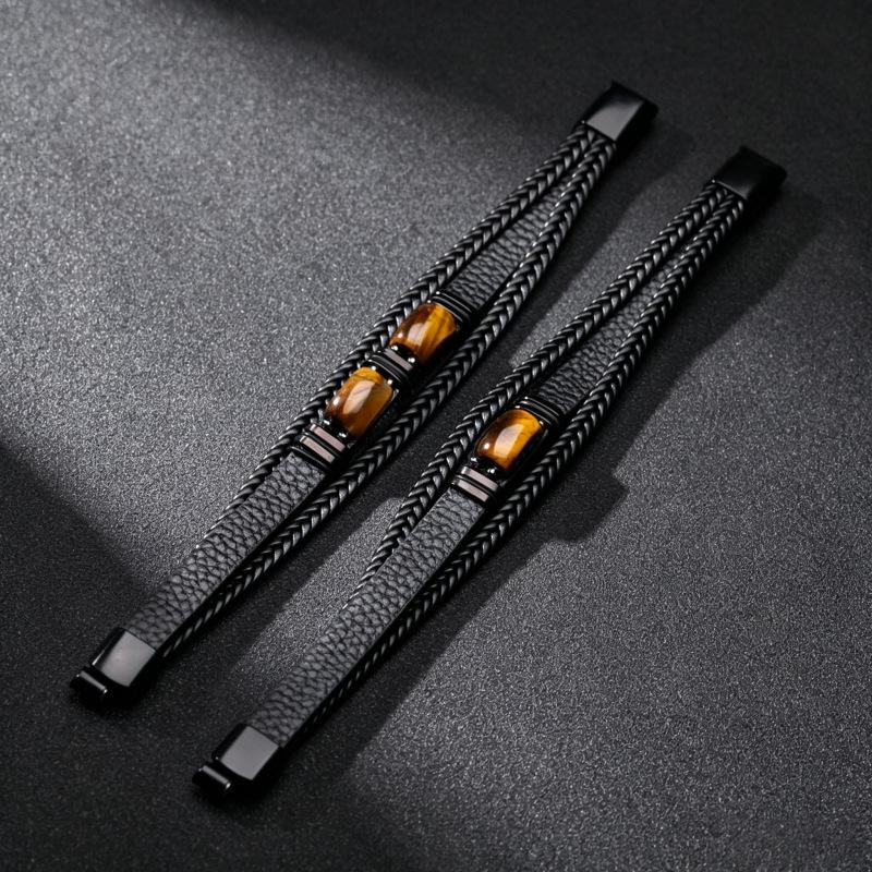 Men's Double Layer Leather Bracelet with Tiger Eye Stones