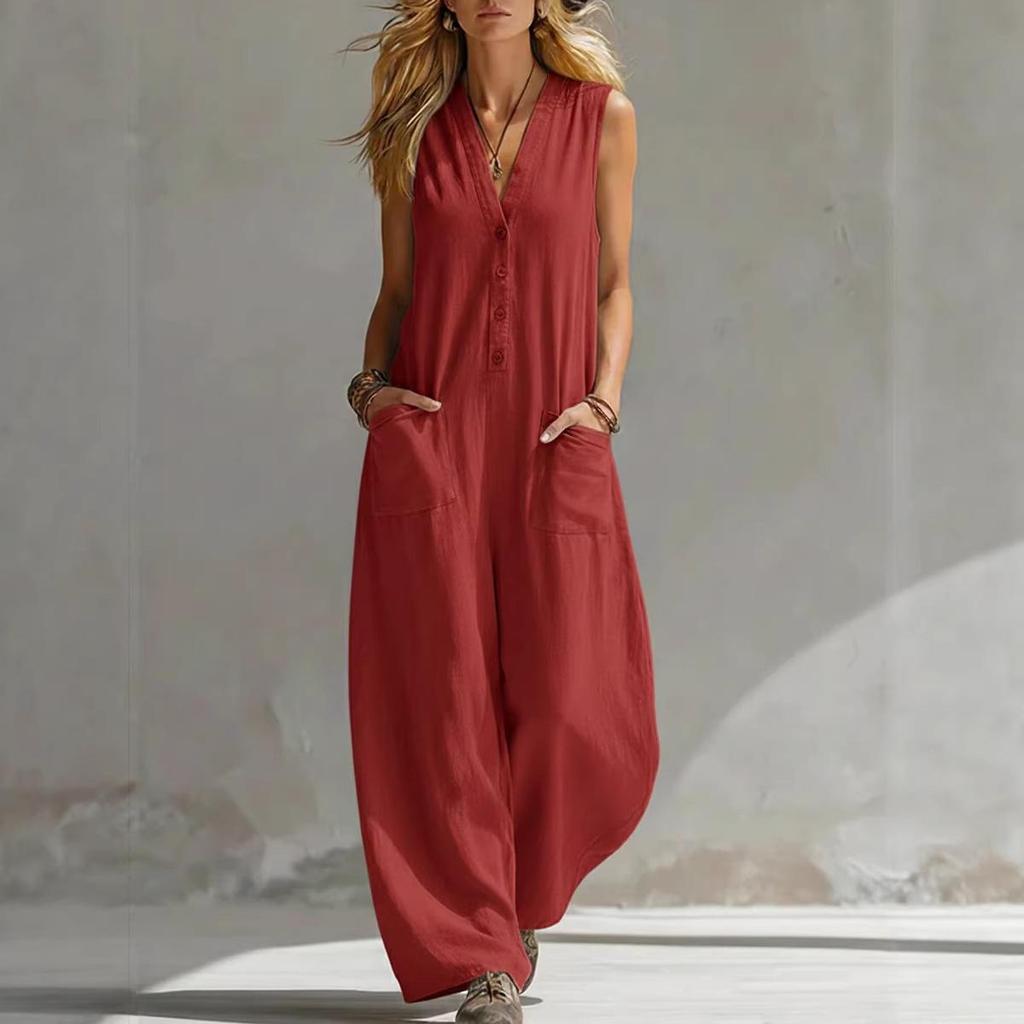 2026 European-American Double Pocket Linen Cotton Sleeveless Casual Jumpsuit
