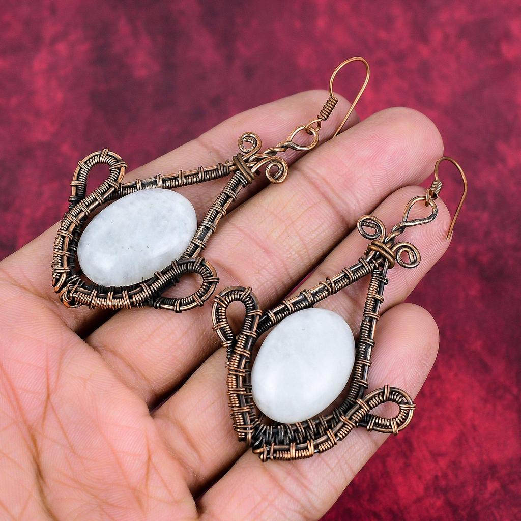 Rainbow moonstone earring copper wire wrapped earring handmade copper jewelry natural gemstone earrings wire weaving jewelry gifts for women
