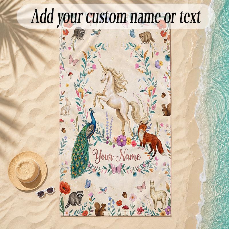 Unicorn Theme Soft Beach Towel Personalized Custom Name Text Towel Portable for Beach Pool Travel