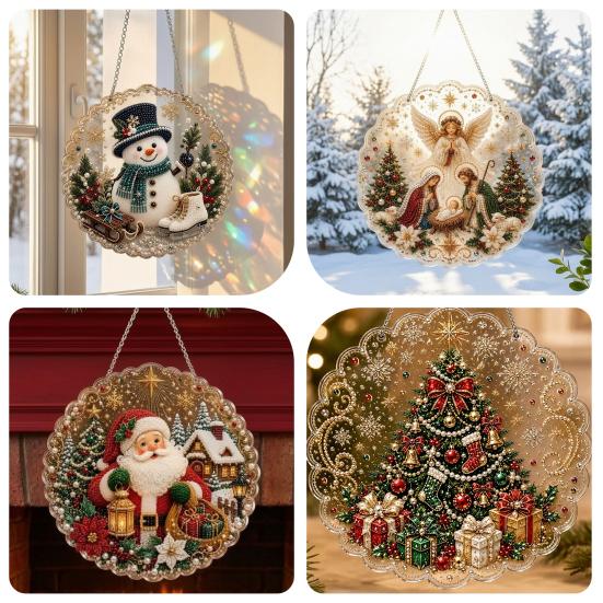Holiday Window Hanging Decor Christmas Faux Pearl Painting Suncatcher Kit, 3D Nativity/Santa Claus/Bird/Tree Creative Handcrafts Beads Art Craft,