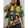 Y2K Brazilský dres - Zelené a žluté pruhované volné tričko s V-výstřihem, Streetwear styl, Dámské sportovní stylové tričko