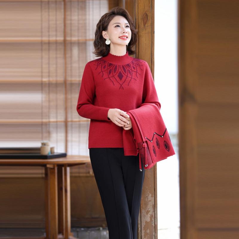 Autumn and winter sweater set, fashion cardigan jacket, old girl mother outfit, new velvet warm two-piece set