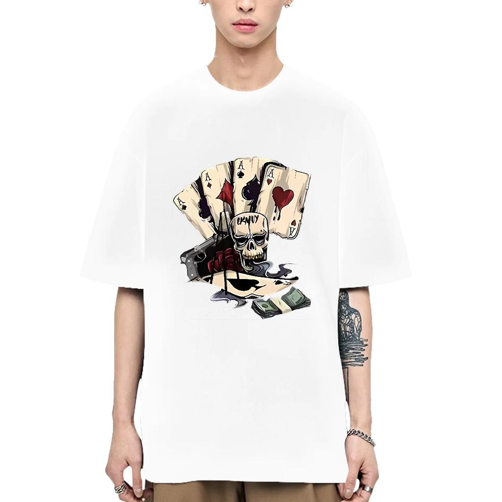 Camiseta con Estampado de Carta de Póker Calavera Camiseta Urbana Transpirable Oversize Tops para Hombre 2024 Moda Hip Hop Casual Manga Corta Nuevo