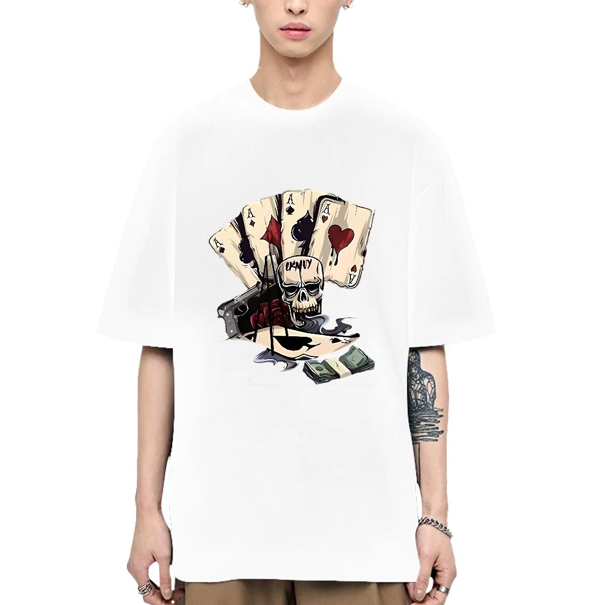 

Футболка с принтом игральных карт и черепа, уличная футболка, свободные дышащие мужские топы 2024 года, мода в стиле хип-хоп, повседневная, с коротким рукавом, новая 5XL