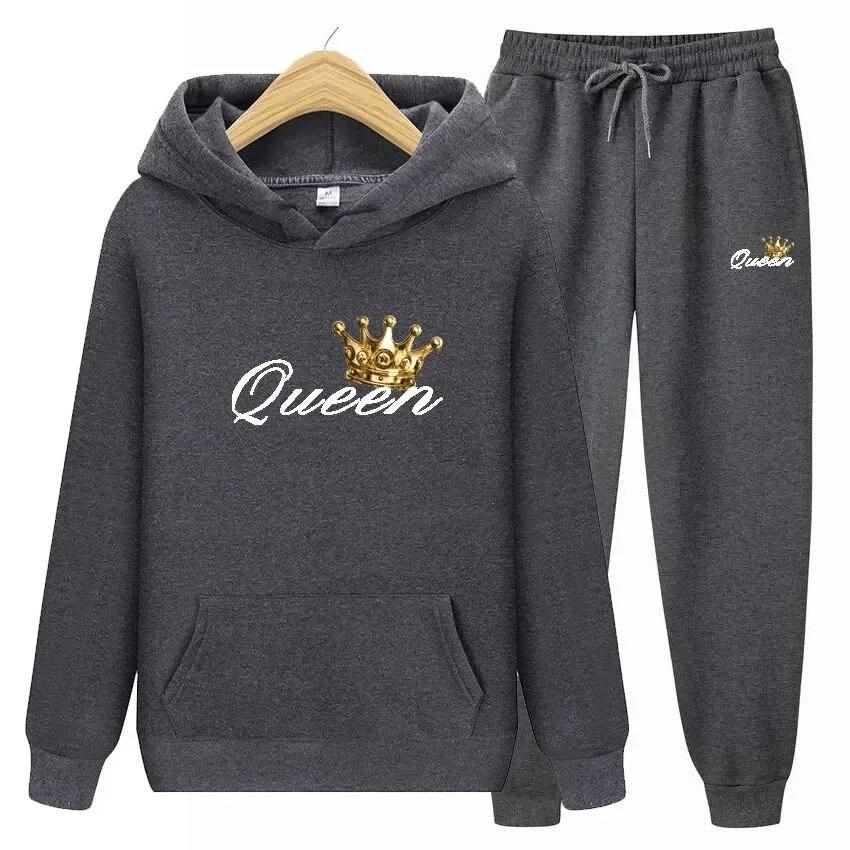 Queen Printing Autumn Winter Hoodies+Pants Two Piece Set  Womens Hoodies Tracksuits Jogger Pants thick Warm Clothes