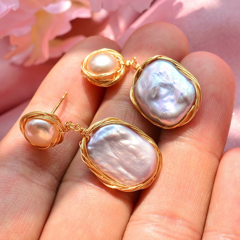 100% Natural Baroque Freshwater Pearl 14K Gold Filled Female Tassels Stud Earrings For Women Birthday Gifts