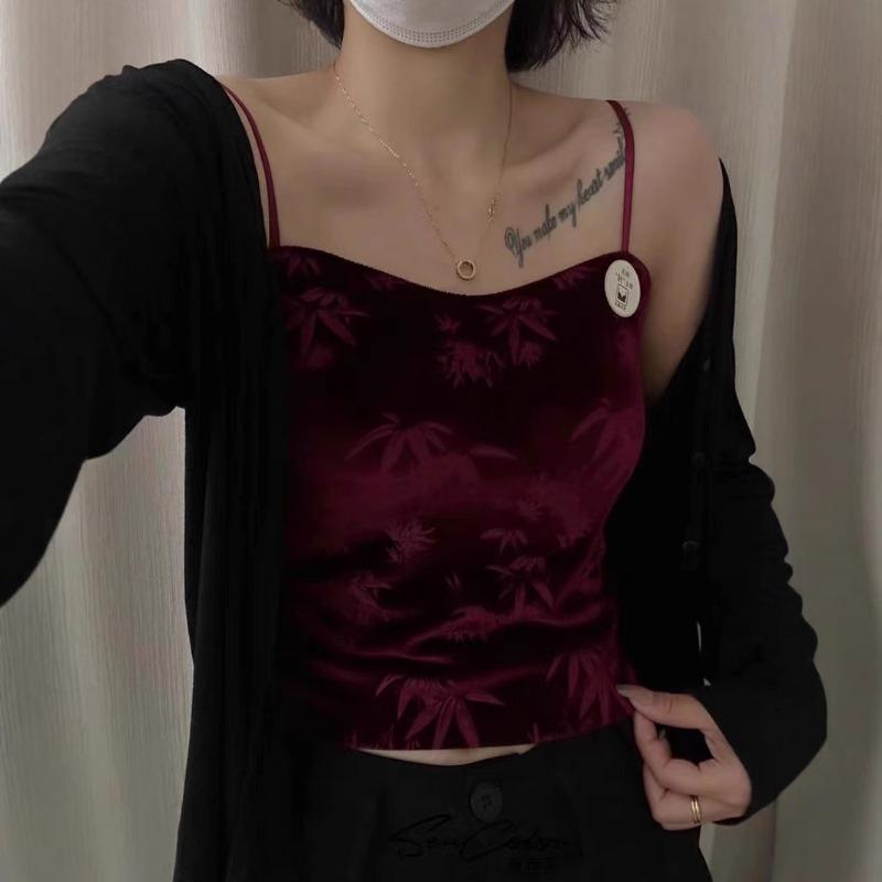 Autumn and Winter New Chinese Style Golden Velvet One Cup Strap Underwear Female Bamboo Leaf Texture All Match Small Vest