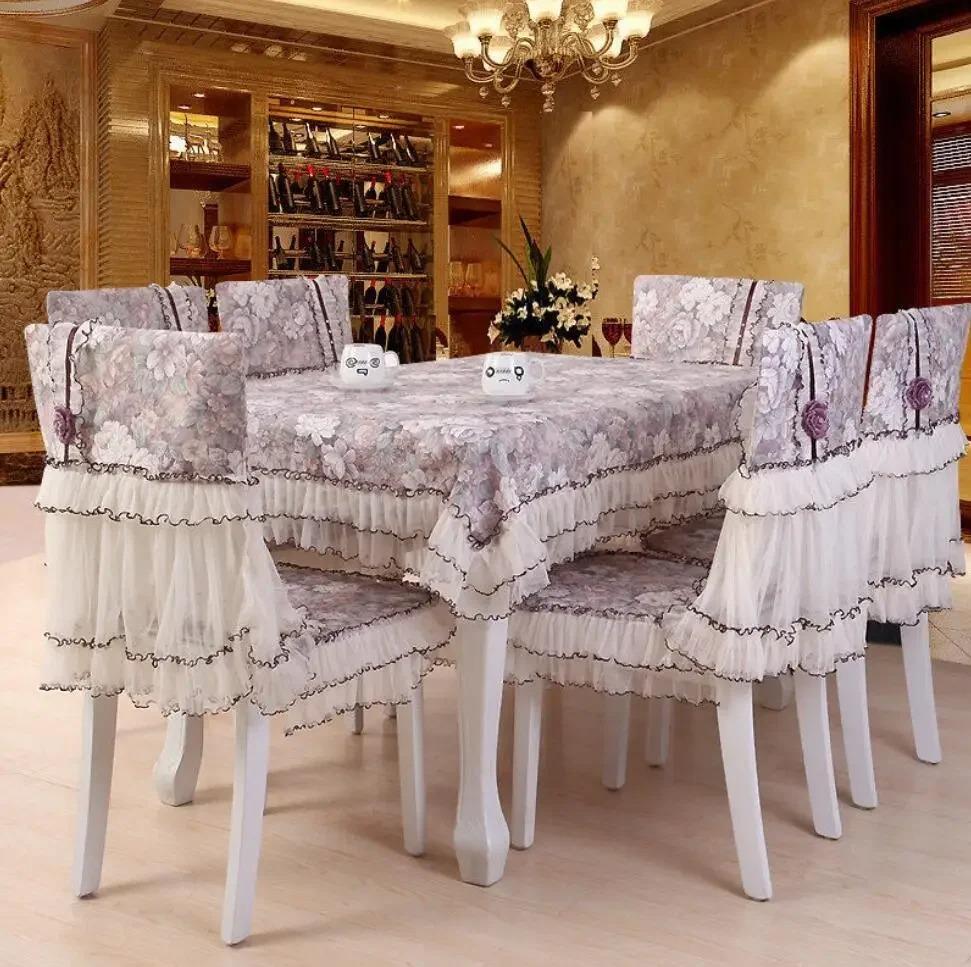 Europäische bestickte Tischdecken, moderne, schlichte, rosa, rechteckige Tischdecke aus Spitze, Stuhlhussen für Esszimmer, schmutzabweisendes Kissen
