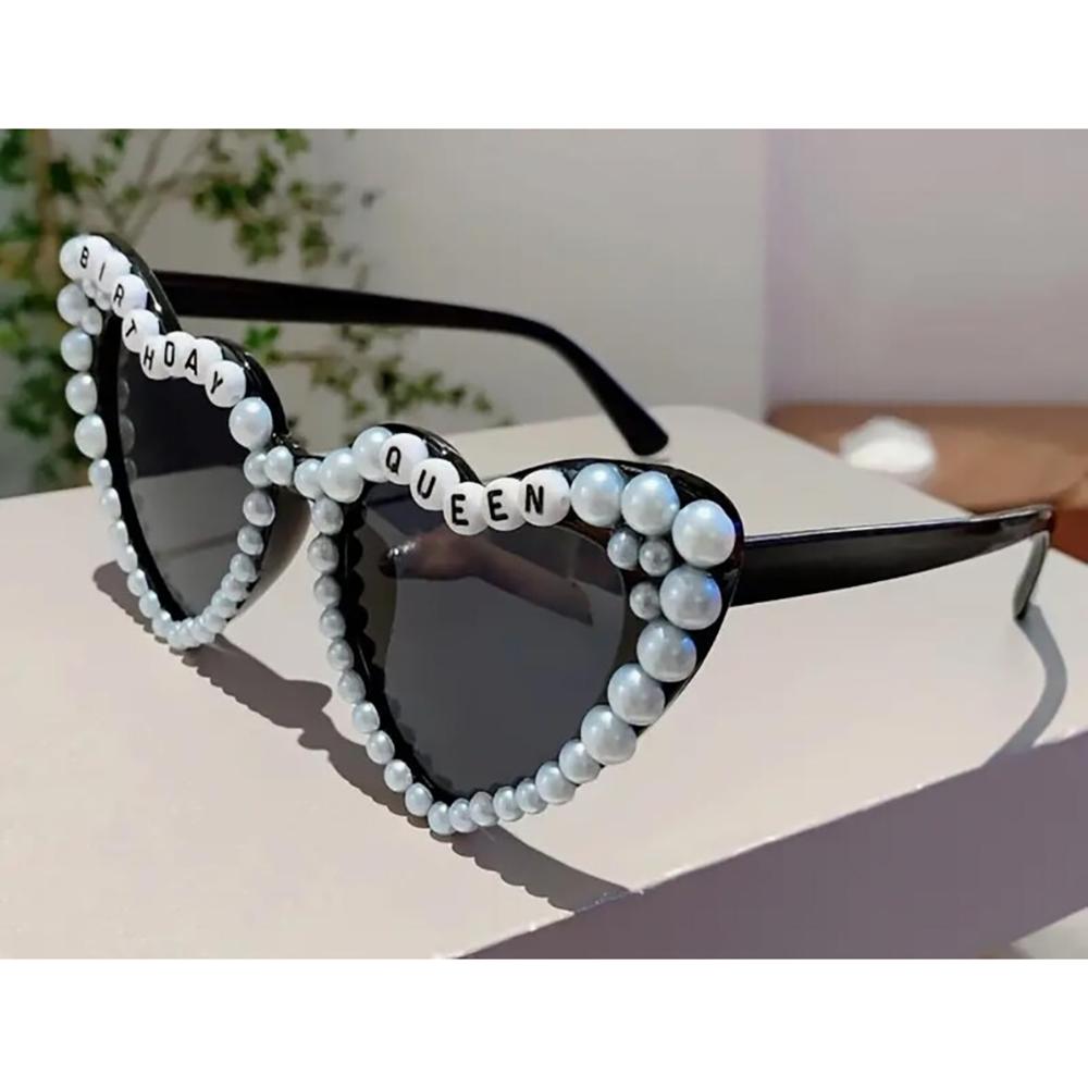 Birthday Pearl Heart Shaped Sunglasses for Birthday Party Decoration Gift Beach Travel Vacation Birthday Present Photo Props