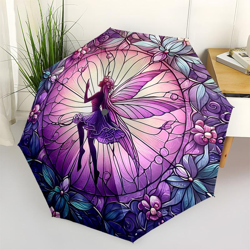 1pc Stained Glass Fairy Design Automatic Folding Umbrella - Portable 3-Fold Design with 8-Bone Iron Frame, Outdoor for Fans, Travelers, Daily Use, Gif