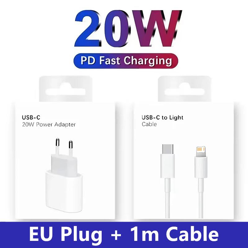 

20 Вт PD EU Быстрое Сетевое Зарядное Устройство Для iPhone 11 12 13 Pro XS Max 14 Plus X XR Быстрая Зарядка Кабель для Зарядки USB-C С Розничной Коробкой EU Plug + 1m Cable