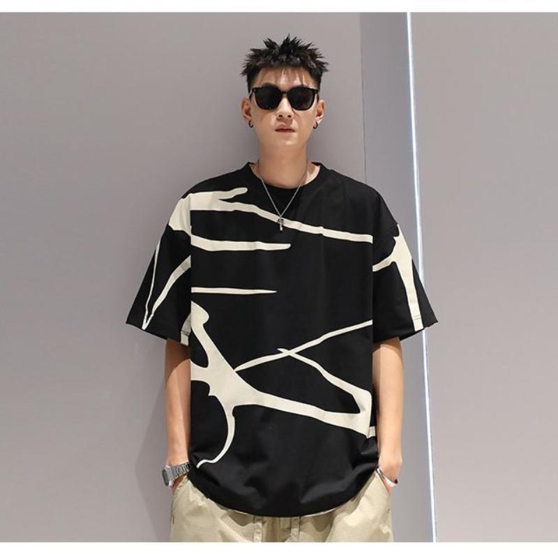 

Модная молодежная линия с узором, национальный тренд, летняя универсальная мужская футболка с коротким рукавом в стиле кэжуал XXXL чёрный
