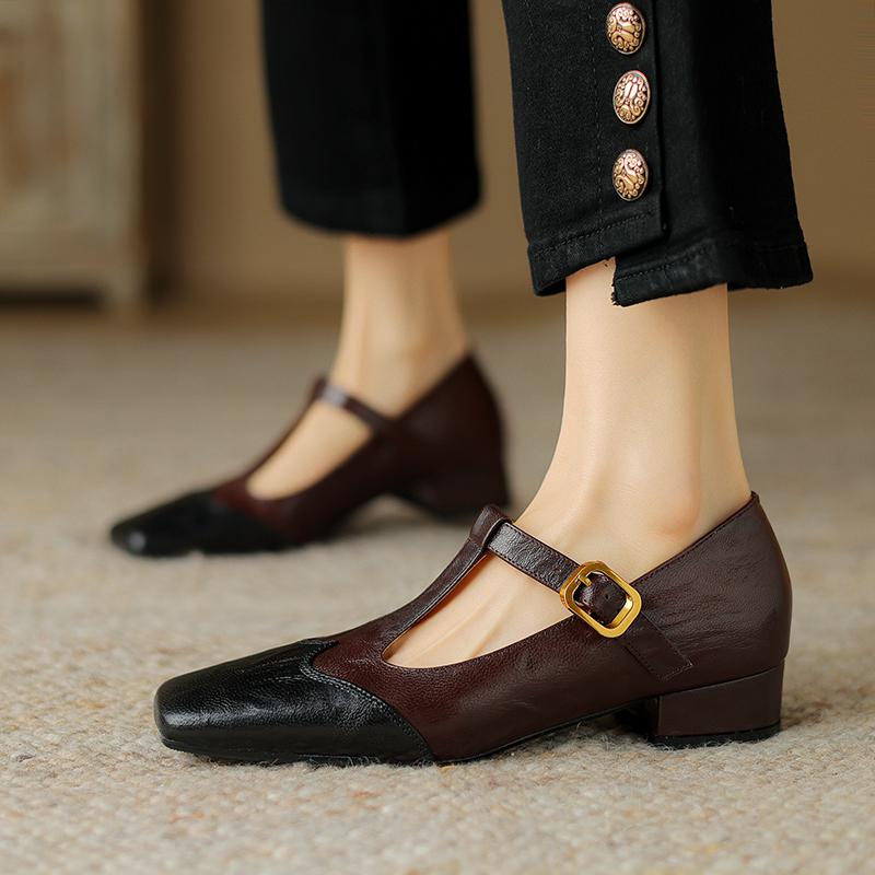 2024 New High Quality Women Pumps Thick High Heels Genuine Leather T-strap Buckles Retro Spring Summer Shoes Woman Office Pumps