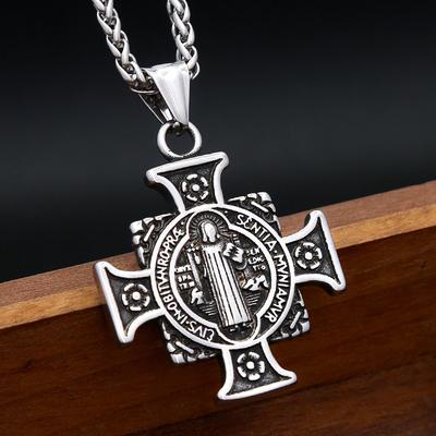 Vintage Cross Pendant Stainless Steel Necklace Men's St. Benedict Exorcism Pendant Punk Hip Hop Jewelry