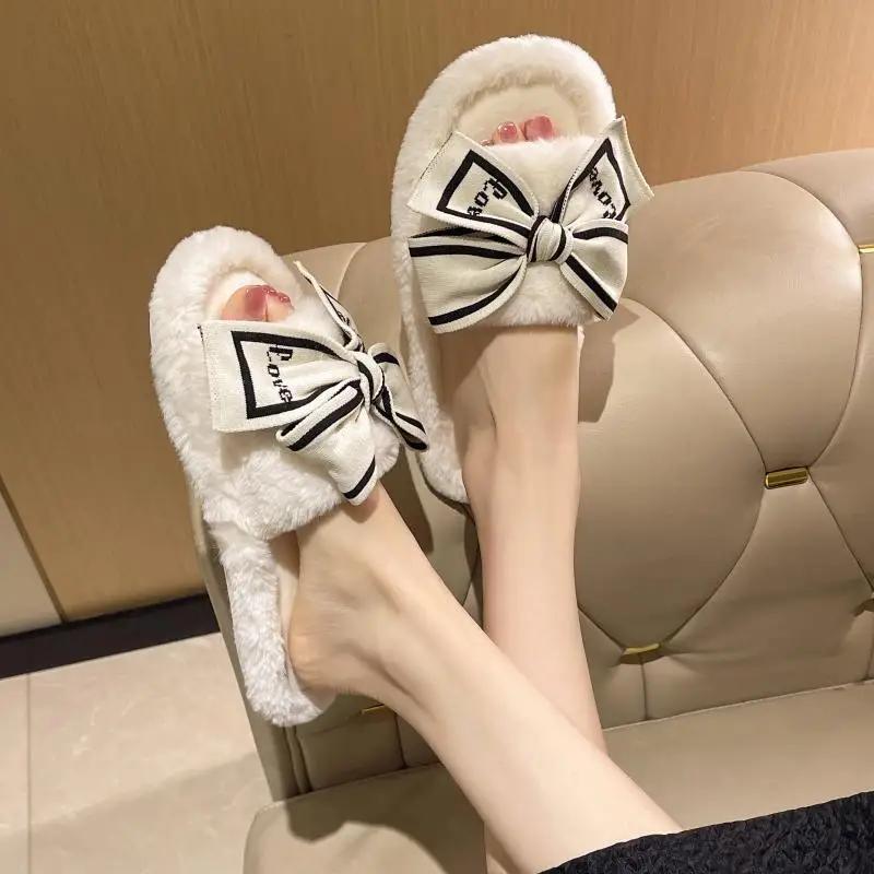 Fashion Casual Fluffy Slippers Women House Flats Elegant Love Bowknot Designer Shoes Ladies Indoor New Winter Fashion Platform Footwear