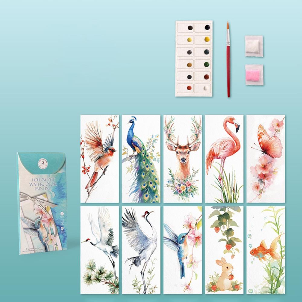 

New 10 Sheets Watercolor Painting Set DIY 12 Colors Coloring Bookmark Handmade Hollow Bookmark Painting Set синий